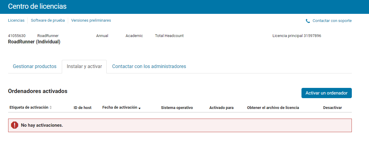 Opción Activar un ordenador en la pestaña Instalar y activar