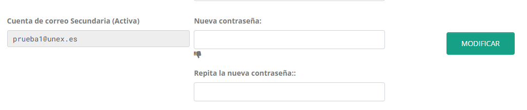 La cuenta aparece como activa y dos campos de texto para cambiar la contraseña con un botón de modificar.