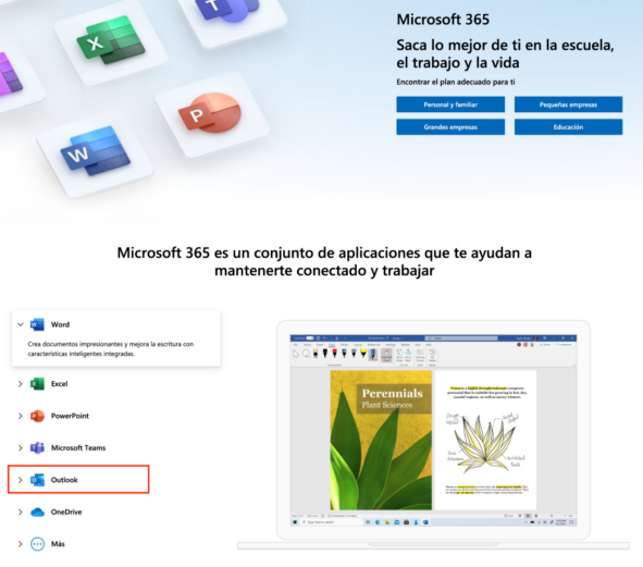 El paquete ofimático de colaboración y productividad Microsoft 365 (más conocido como Office 365) integra entre sus aplicaciones un cliente web de correo electrónico denominado Outlook.