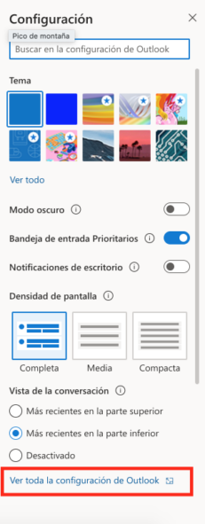 Pantalla con diversos ajustes de configuración rápida.