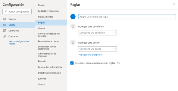 Pantalla de configuración de las reglas del correo.