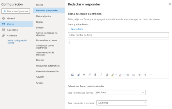 Pantalla de configuración para redactar y responder correo mostrando que se pueden configurar las firmas del correo.