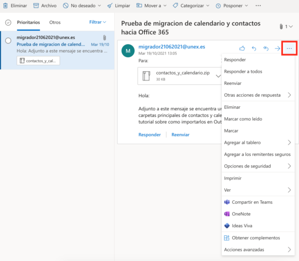 AL pulsar en un correo aparece un icono con tres puntos horizontales que al seleccionarlo nos muestra más opciones a realizar con ese mensaje.