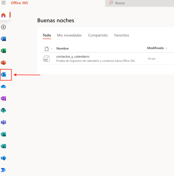 Página principal de Microsoft 365 con una barra lateral izquierda con accesos a sus aplicaciones web.
