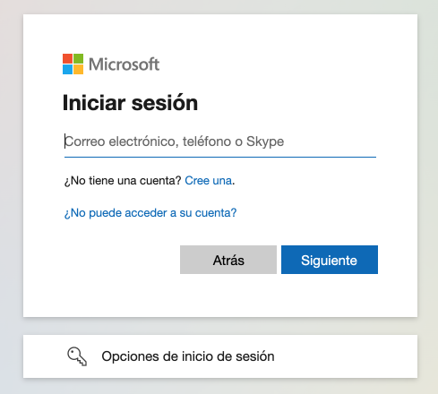 Pantalla de inicio de sesión que nos pide introducir un correo electrónico, teléfono o Skype.