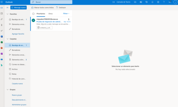 Página principal de la aplicación web de Outlook.
