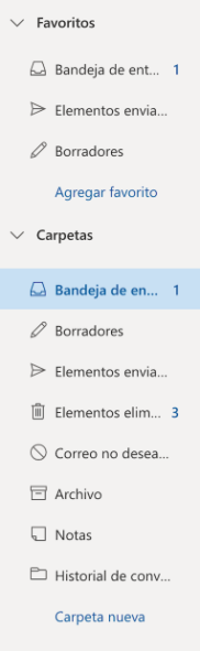 Barra lateral izquierda de Outlook Web donde nos muestra luna primera sección con las carpetas favoritas y después otra sección con todas las carpeta del correo.