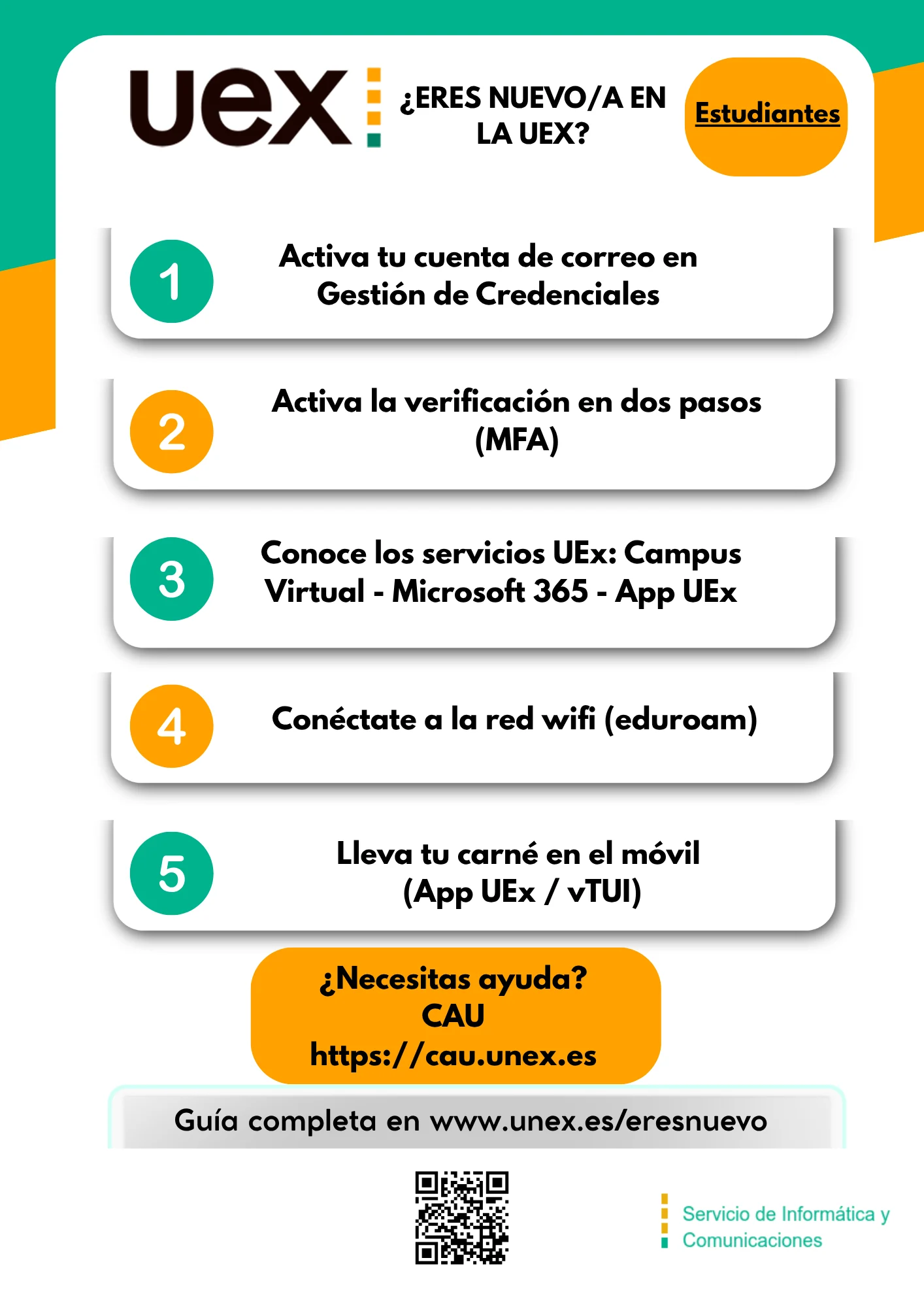 Infografía «¿Eres nuevo en la UEx?» para estudiantes de nuevo ingreso: resumen de los primeros pasos TIC (credenciales, activación del correo, MFA, conexión WiFi y servicios disponibles) y contacto del CAU.
