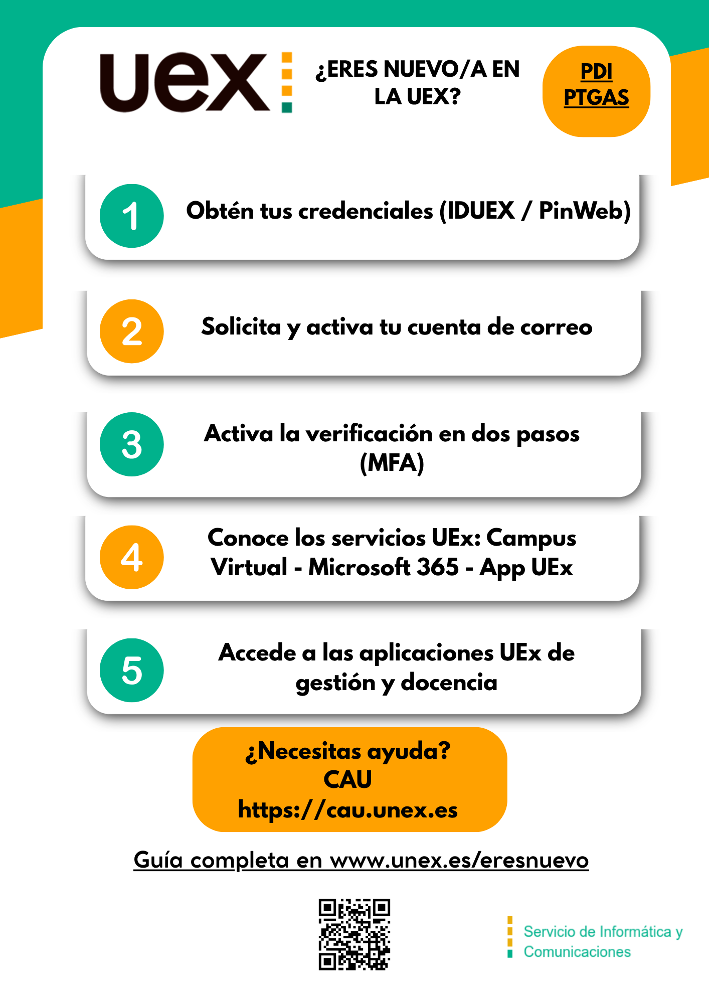 Infografía «¿Eres nuevo en la UEx?»: resumen de los primeros pasos TIC para el personal de nueva incorporación (credenciales, correo, MFA, servicios y aplicaciones) y contacto del CAU.